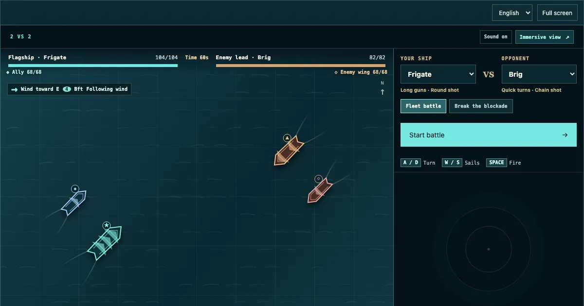 Fleet battle simulator showing four sailing ships, wind direction, and hull status.