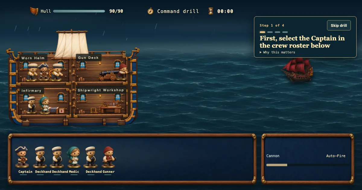 Naval combat simulator showing ship cabins, six crew members, and the command drill.