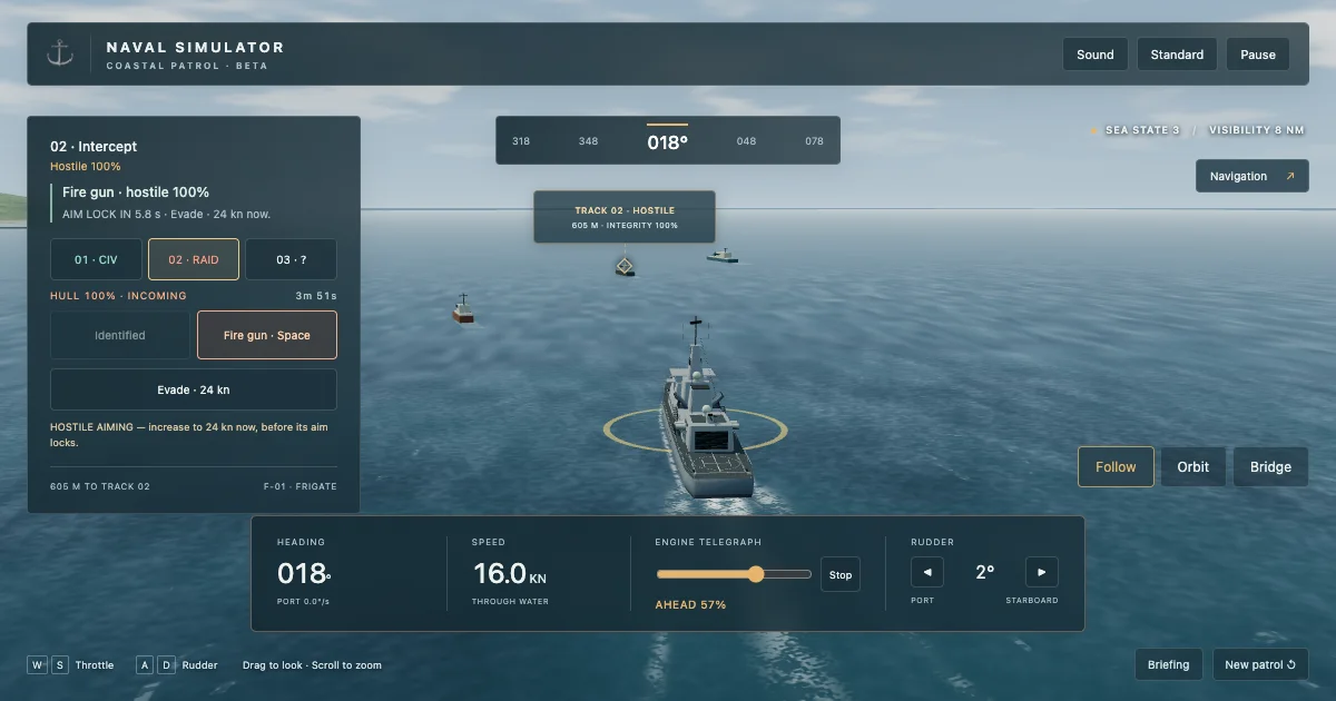 Actual Naval Simulator gameplay showing a 3D frigate on patrol, moving contacts, mission guidance and ship controls.
