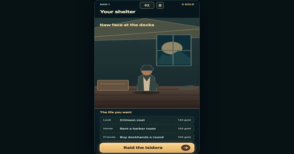 Pirate life simulator showing a shelter, clothing and home goals, and the first raid button.